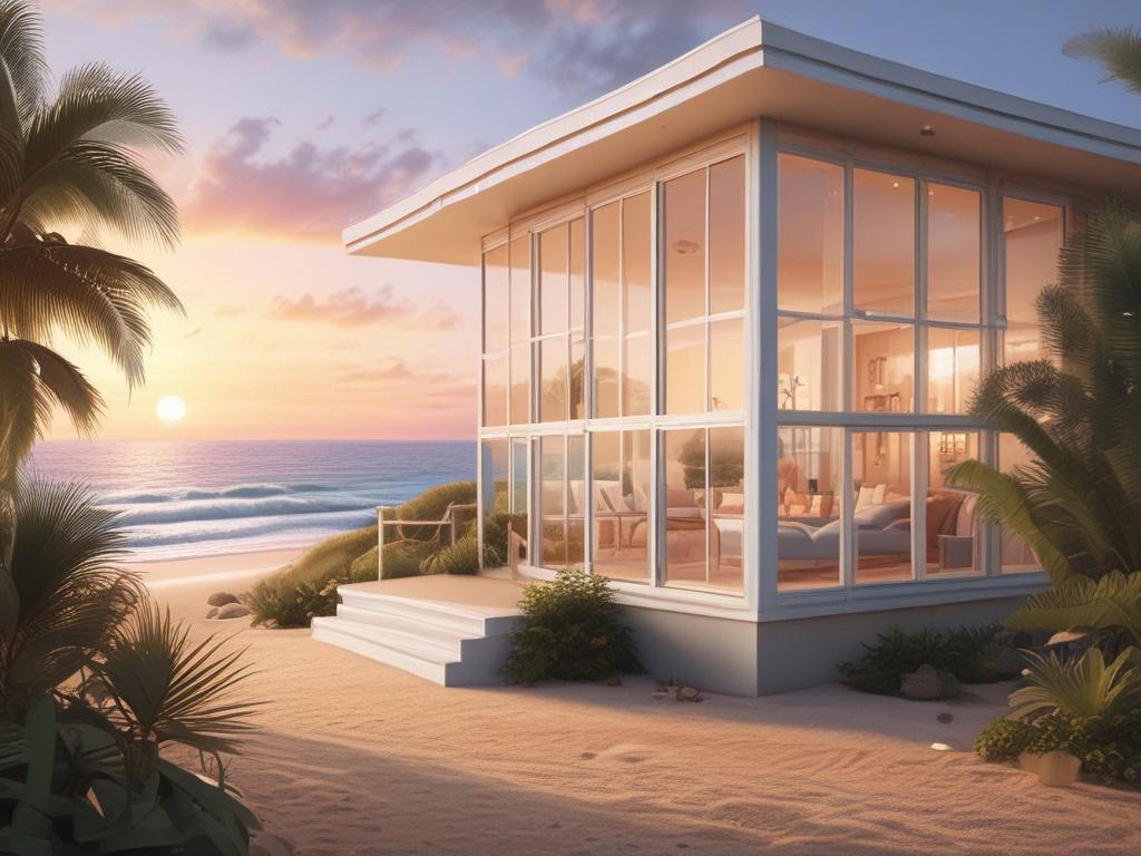 A serene beachfront property at sunset, showcasing gentle waves lapping