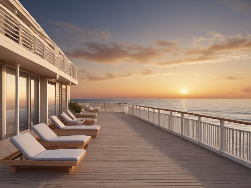 luxury beachfront rental, ocean view, modern amenities, sunset balcony, serene