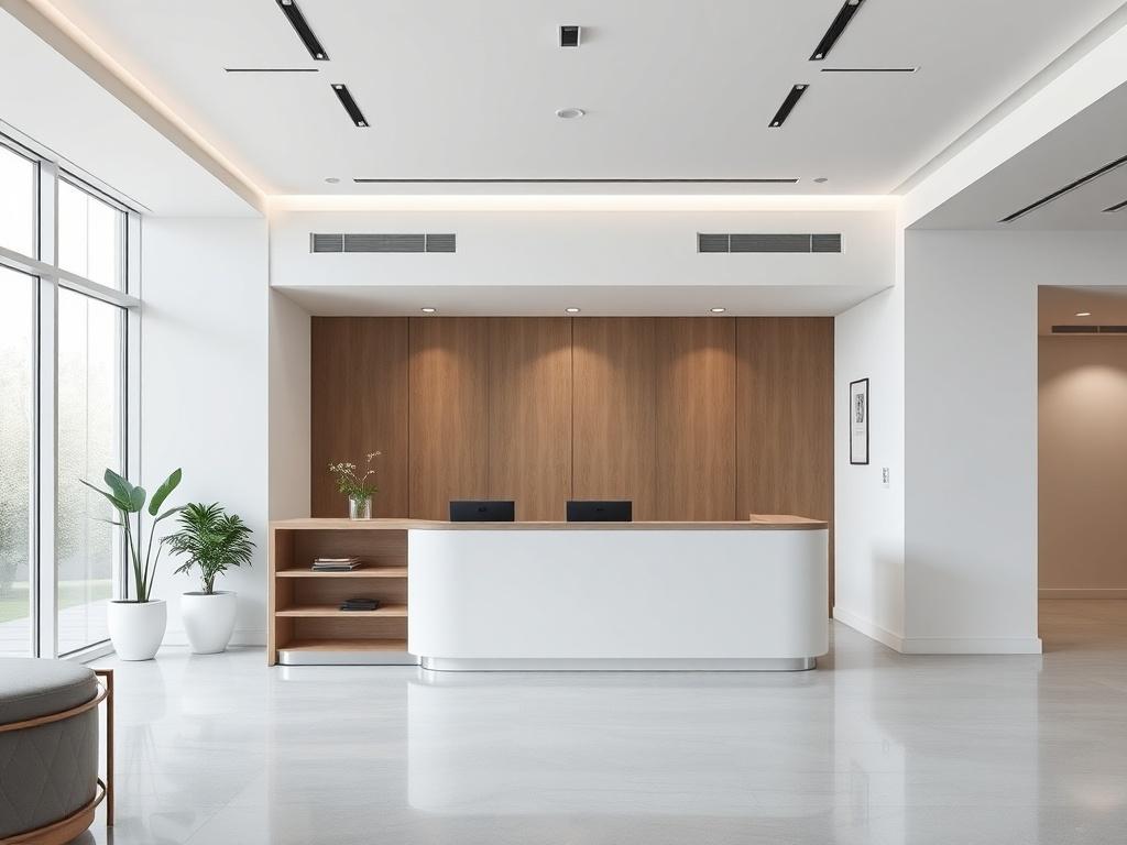 An elegant business reception desk with a contemporary design, featuring