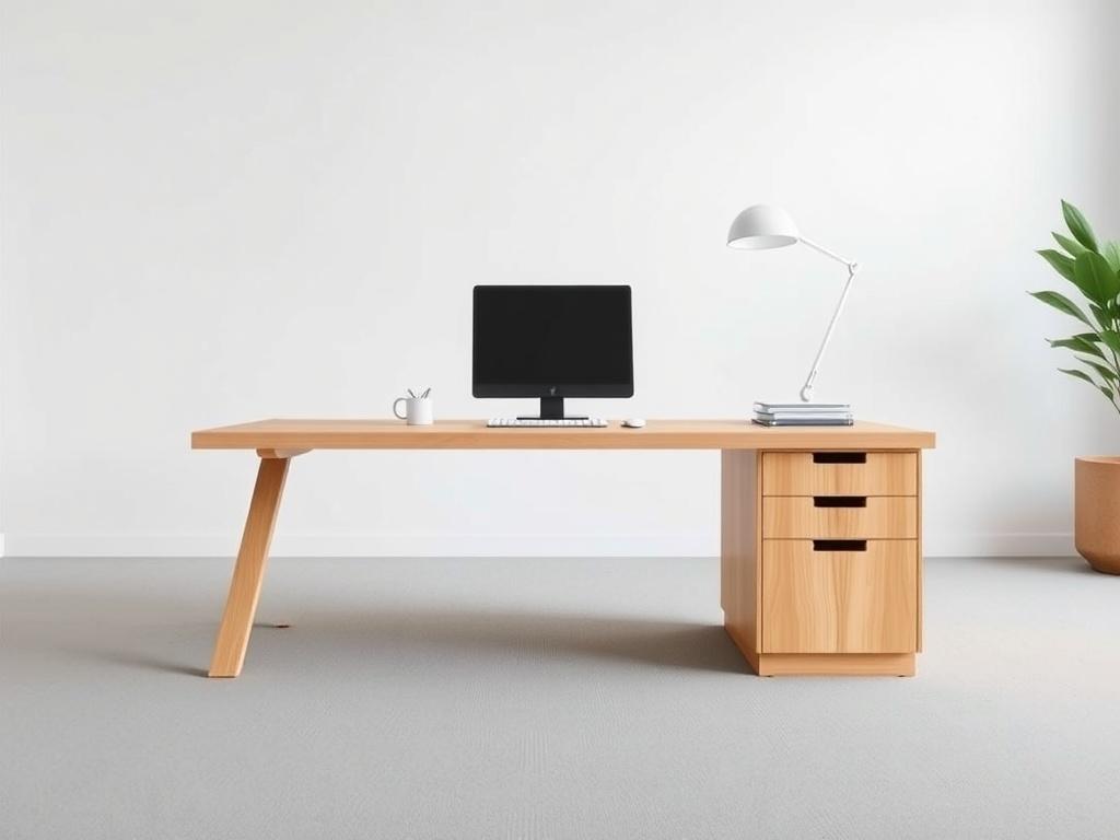 A modern custom office desk in a minimalist style, featuring