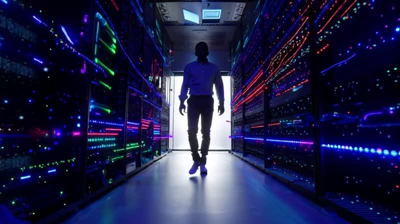 ai bot walking through data center beaming moving energy to servers and data colorful and glistening.mp4