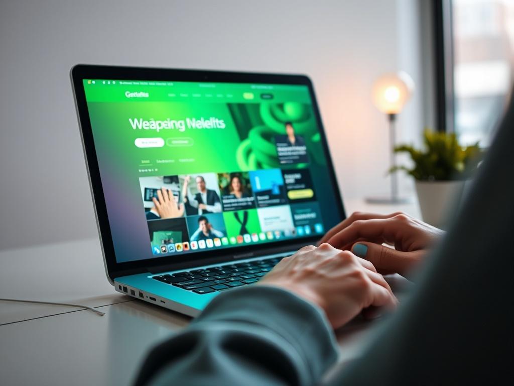 A hyper-realistic close-up shot of a web designer working on a laptop, showcasing a vibrant and engaging website design on the screen. The background should be minimalistic and modern, emphasizing creativity and technology. The color palette should incorporate shades of green to align with the primary color rgb(50, 170, 39). The focus should be on the designer's hands and the laptop screen, capturing the essence of digital innovation.