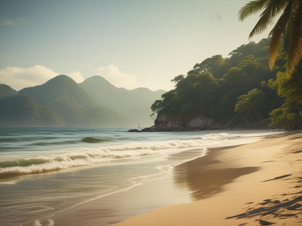 A beautiful beach in Angra dos Reis, soft golden sand, gentle waves, lush green mountains in the background, warm sunlight.