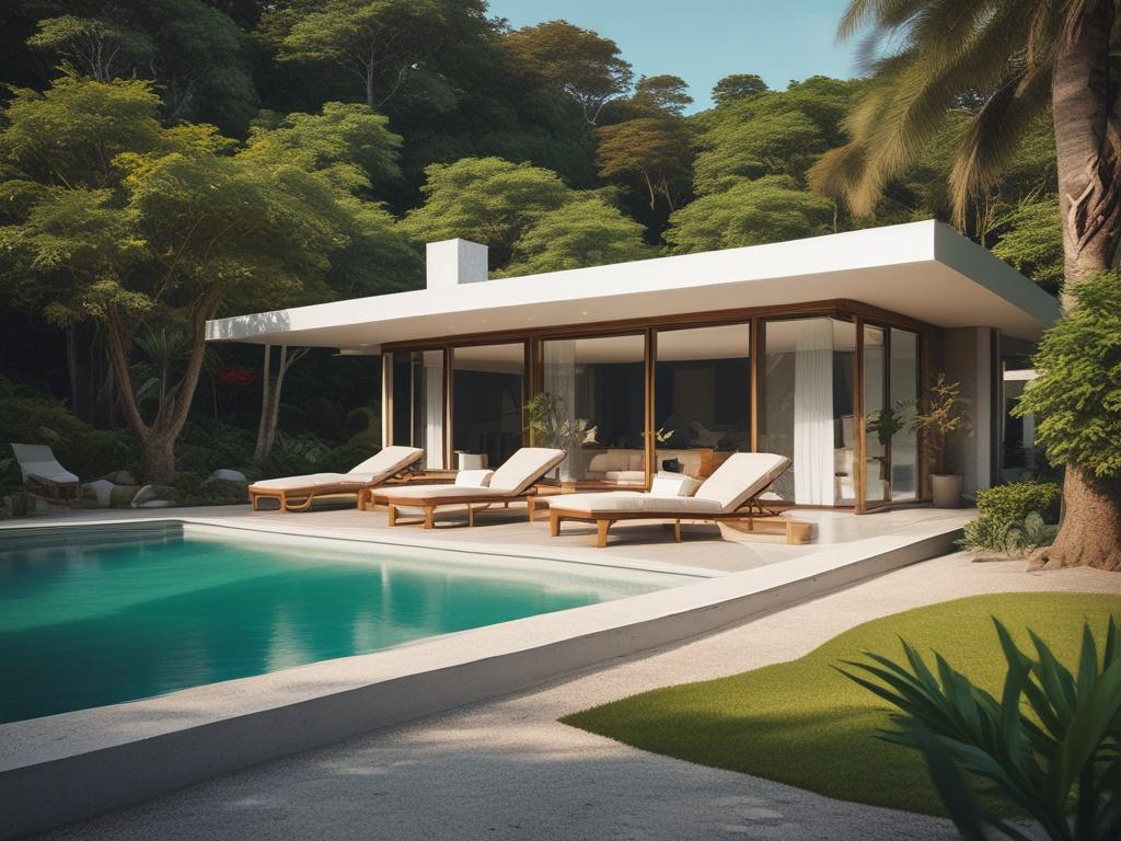 A beautiful seaside property in Angra dos Reis, modern architecture, lush greenery surrounding the house, clear blue sky.