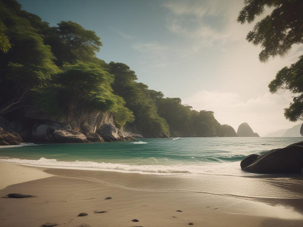 Create a realistic high-resolution photo that captures the essence of a pristine beach in Angra dos Reis, Brazil. The composition should be simple and clear, featuring only one main subject: a serene, secluded beach cove with soft, white sand and crystal-clear turquoise waters. The foreground should showcase gentle waves lapping against the shore, creating a tranquil atmosphere. In the background, include lush green hills adorned with tropical vegetation, hinting at the natural beauty of the region. The sky