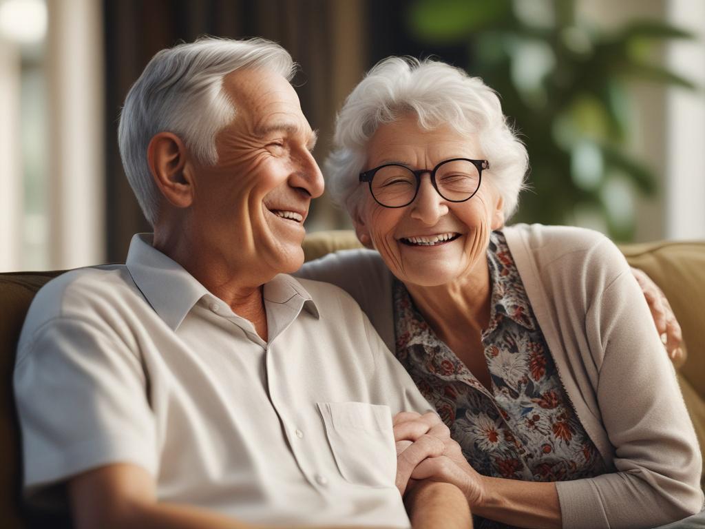 A close-up shot of an elderly couple, sitting together on a comfortable couch, smiling and looking at each other with warmth and trust. The background is softly blurred, featuring warm colors and natural light streaming in, creating a cozy and inviting atmosphere. The couple is holding hands, symbolizing connection and support, while a life insurance policy document is subtly placed on a nearby table, hinting at the financial security and peace of mind that comes with making informed decisions about life se