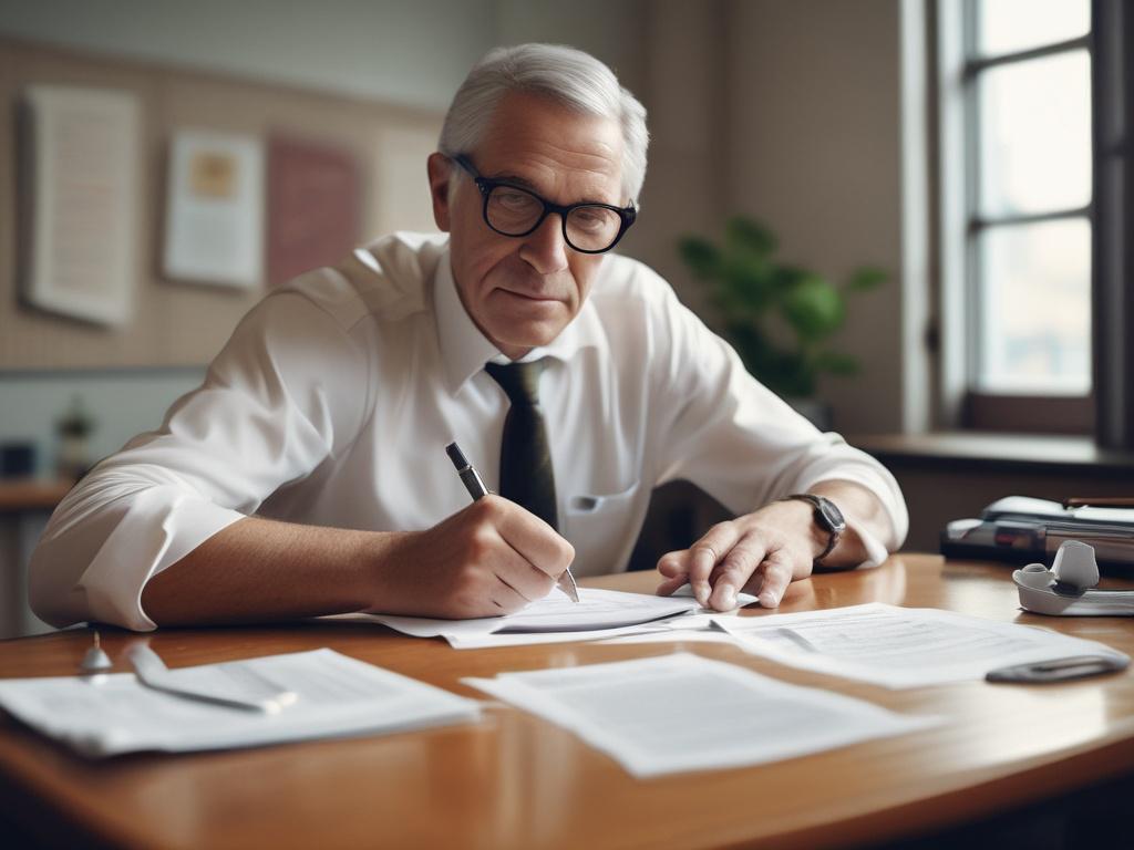 A close-up shot of a confident, middle-aged person sitting at a desk, reviewing life insurance documents with a licensed Life Settlement Broker. The background shows a warm and inviting office environment, with greenery and soft lighting, creating a feeling of trust and transparency. The person looks engaged and relaxed, as they discuss options for unlocking the value of their life insurance policy.