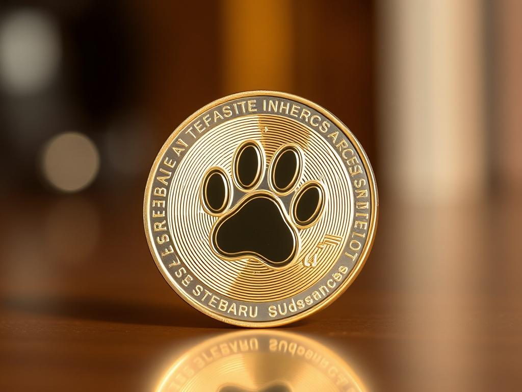 A close-up shot of a shiny, modern cryptocurrency token featuring a paw print design. The token is placed on a smooth surface, reflecting light beautifully. The background is softly blurred, emphasizing the token while using a warm color palette that aligns with the #CFB07C primary color.