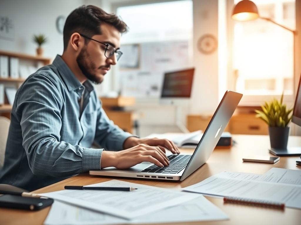 A focused shot of a developer working on a laptop, surrounded by technical documents and notes. The environment should be a bright, organized workspace, reflecting a sense of productivity and clarity. The emphasis should be on the developer's engagement with the material, symbolizing support and guidance in technical processes.