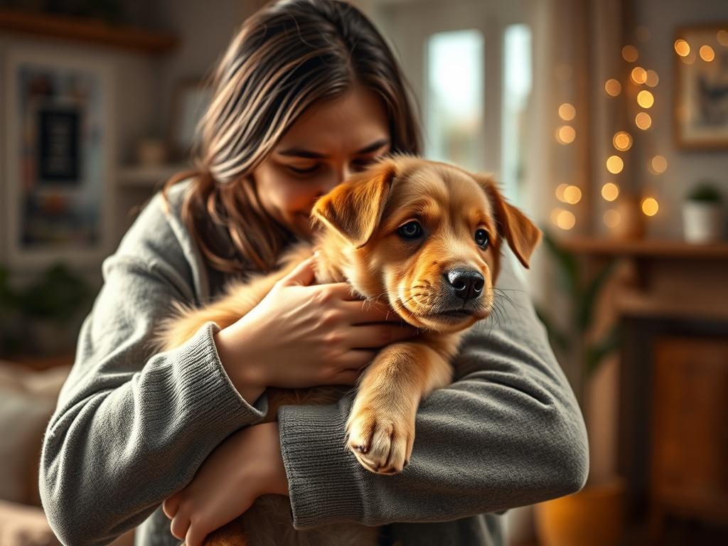A heartwarming scene depicting a person holding a lost pet in their arms, with a backdrop of a cozy, welcoming home environment. The focus should be on the bond between the person and the animal, capturing a moment of joy and connection. The image should be rendered in high detail, showcasing warm lighting and a soft, inviting color palette.
