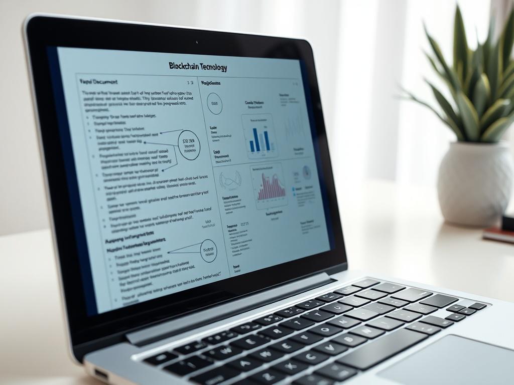 A detailed close-up of a technical document on a laptop screen, with diagrams explaining blockchain technology. The surrounding should be a soft white workspace, emphasizing clarity and professionalism.