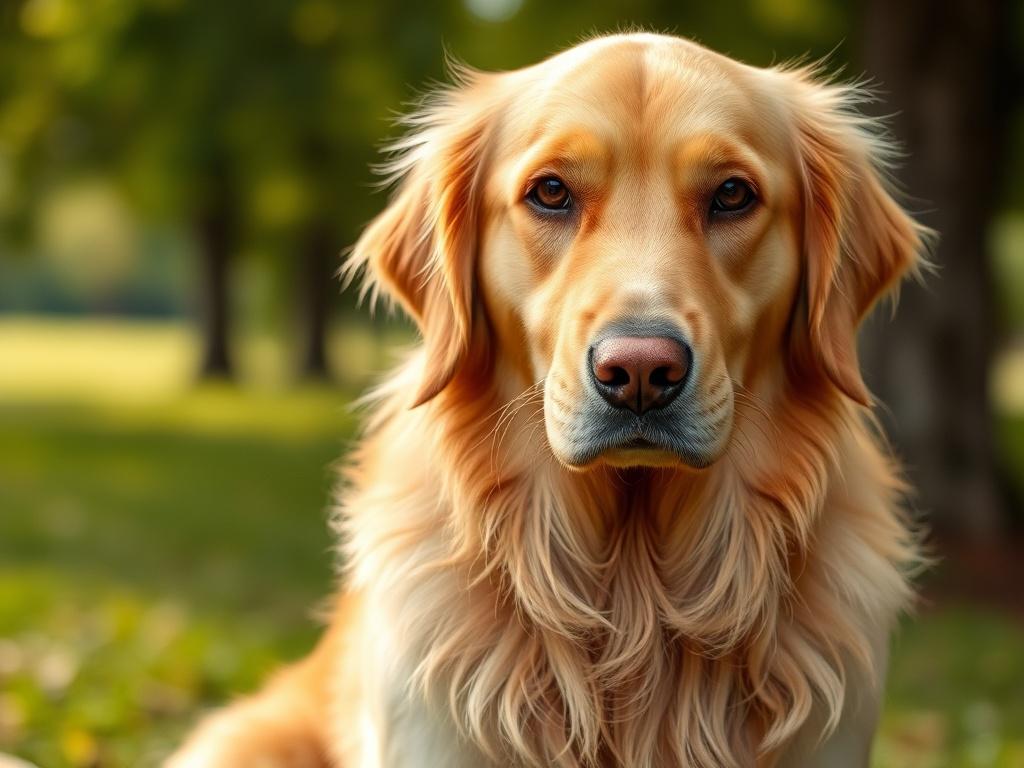 A hyper-realistic close-up shot of a Golden Retriever dog, embodying the essence of loyalty and companionship. The dog should be sitting proudly, with a soft, serene expression, showcasing its shiny golden fur. The background should be a soft-focus natural setting, perhaps a park with green grass and trees, allowing the dog to stand out. The overall tone should be warm and inviting, reflecting the theme of support and care for animals.