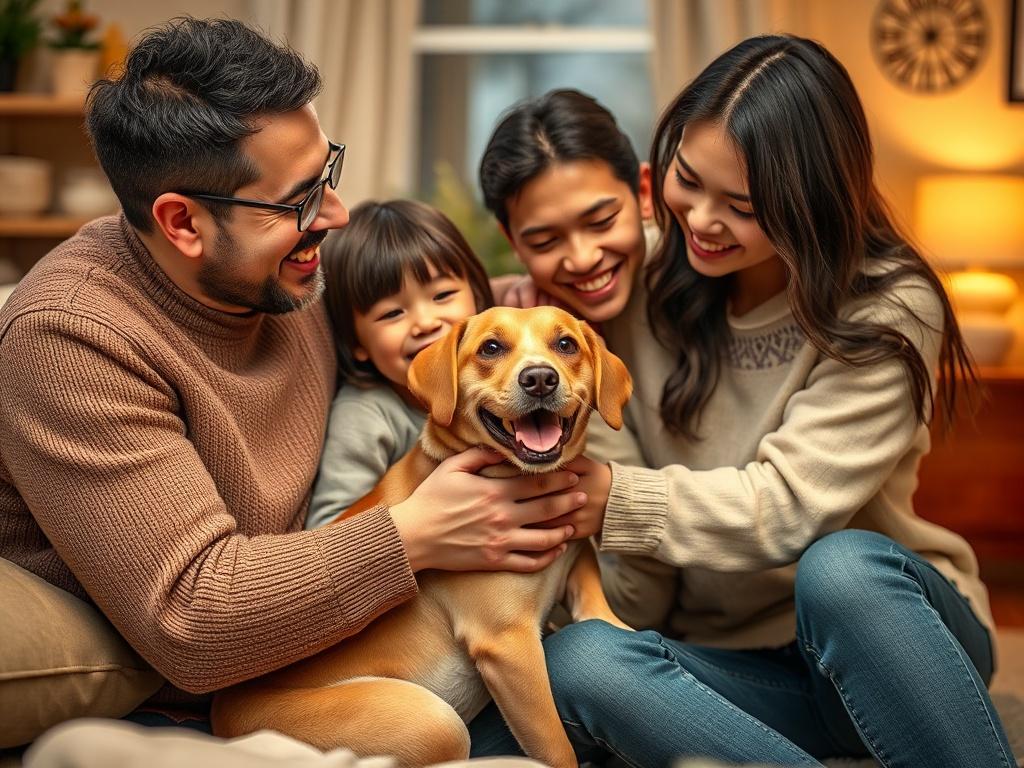 A hyper-realistic close-up shot of a happy family interacting with a rescued animal in a cozy home setting. The environment should feel warm and inviting, capturing the essence of temporary fostering.
