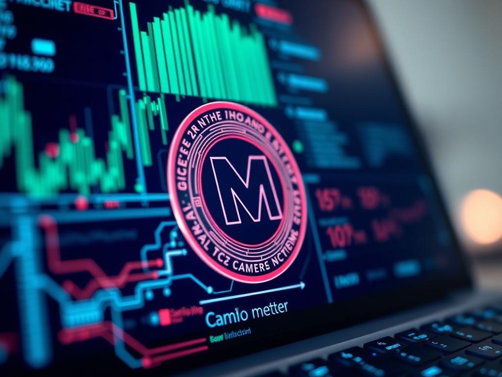 A hyper-realistic close-up shot of a digital blockchain interface, showcasing the Camilo Meme token details. The background should be soft and professional, emphasizing a tech-oriented environment.