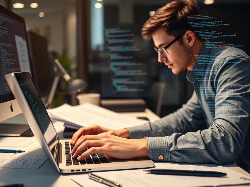 A hyper-realistic close-up shot of a developer working on a laptop, surrounded by technical documents and code snippets related to blockchain. The setting should be a modern workspace, reflecting a professional atmosphere.
