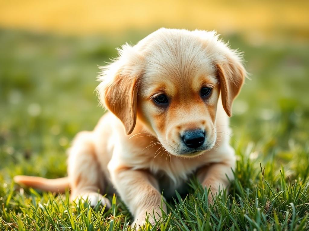 A close-up shot of a Golden Retriever puppy with a soft, warm expression, sitting on a grassy field. The background should be blurred to emphasize the puppy, with natural light highlighting its fur. The colors should be warm and inviting, compatible with the #CFB07C color scheme of the Camilo Meme project.