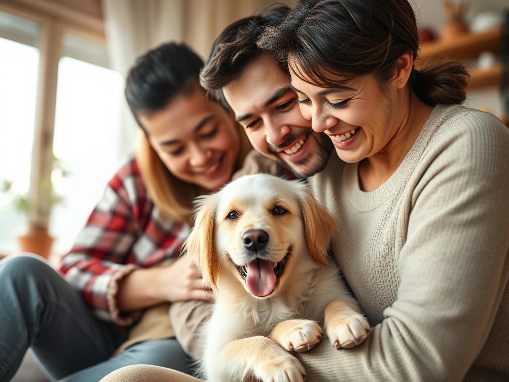 A heartwarming close-up of a family interacting with a rescued pet in a cozy home setting. The image should capture the joy and connection between them, reflecting the warmth of temporary shelter, with soft white tones.