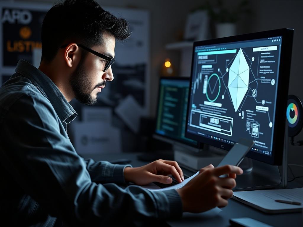 A close-up image of a developer working on a computer, surrounded by technical documentation and blockchain graphics. The atmosphere should convey innovation and community support, with soft white tones in the design.