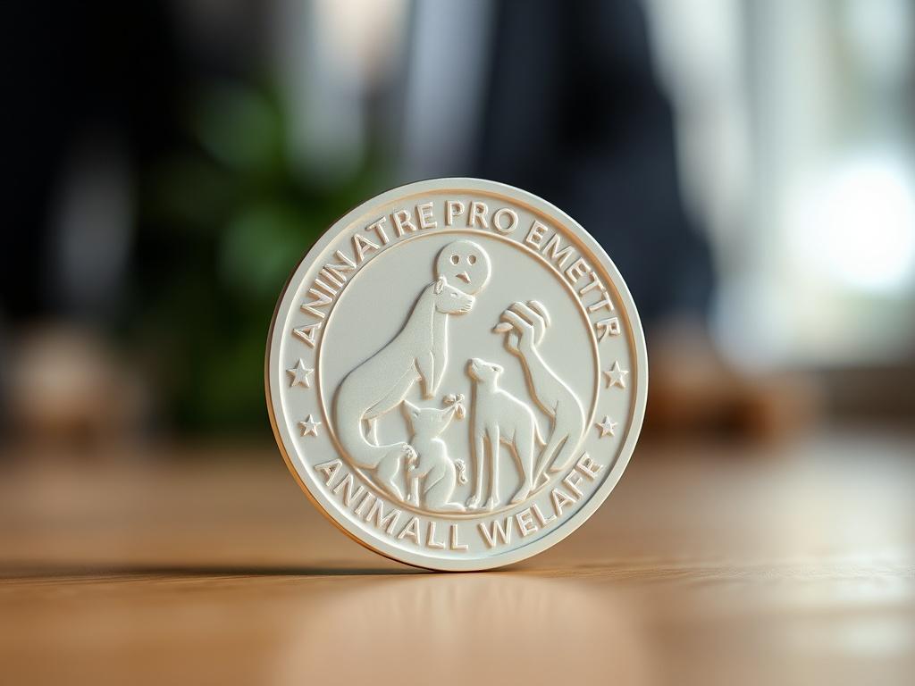 A close-up shot of a digital token representing animal welfare, designed with soft white tones and a professional look. The token should feature animal motifs to emphasize its purpose, against a blurred background that illustrates a caring community.