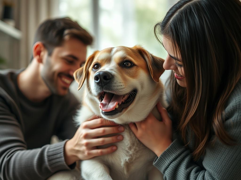 A close-up shot of a family lovingly interacting with a rescued animal in a cozy home setting, showcasing the warmth and care provided to the animal. The background should be softly blurred, emphasizing the bond between the family and the pet, with a soft white ambiance.