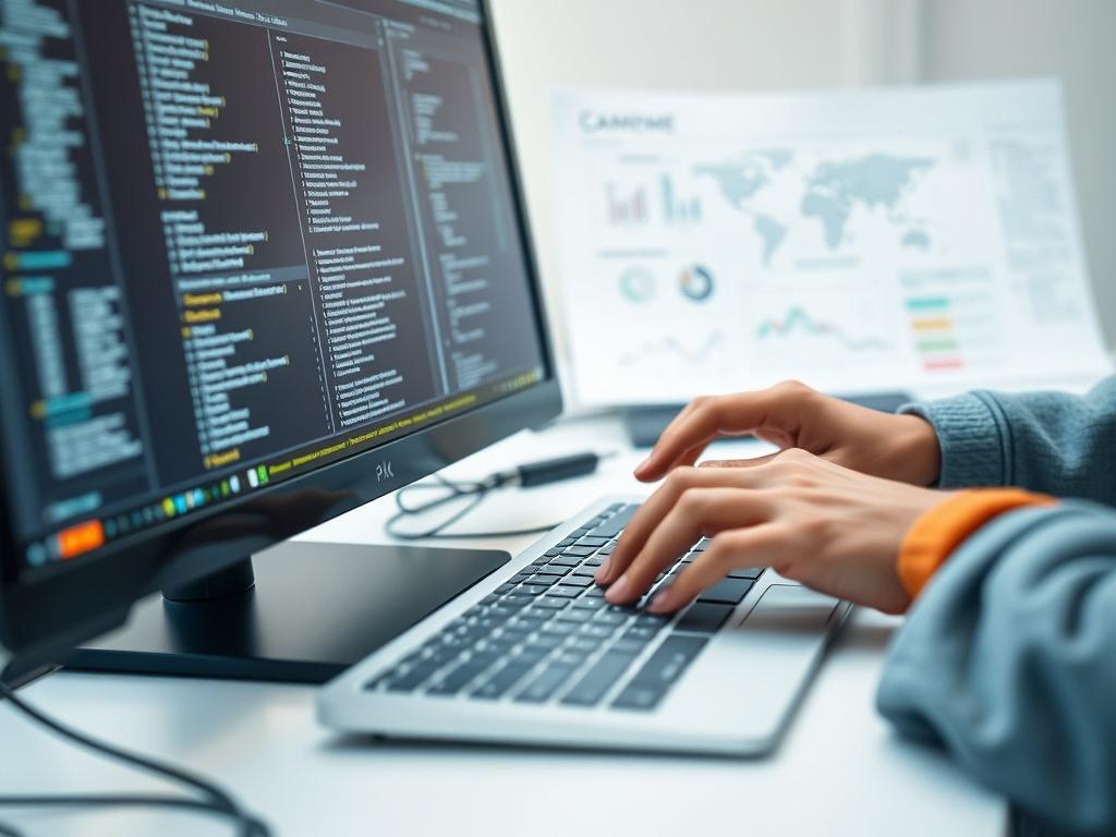 A close-up shot of a developer working on a computer with technical documents related to the Camilo Meme token. The background should be soft and white, focusing on the developer's hands typing on the keyboard, conveying a sense of support and collaboration in technology.