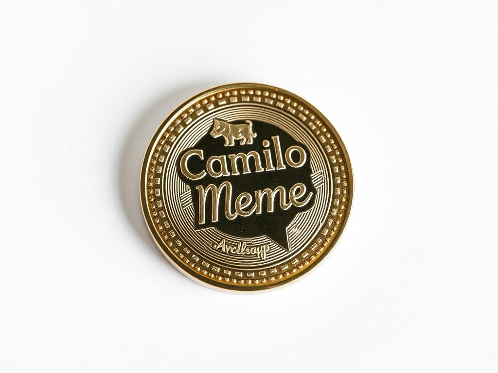 A close-up shot of a digital token with intricate details representing the Camilo Meme token, set against a soft white background. The token should be the only subject, showcasing its unique design and features, with a focus on its digital nature and connection to animal welfare.