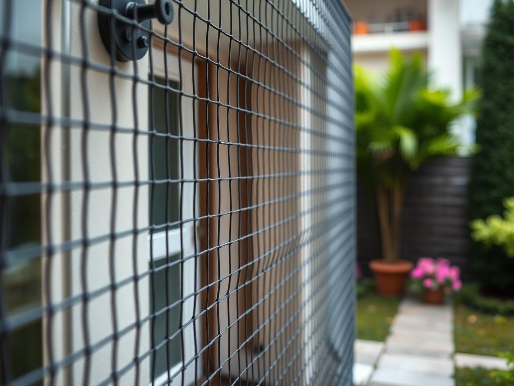 A close-up of a well-sealed entry point on a residential building, showcasing wire mesh and other proofing materials. The scene should depict a clean and secure environment, with a blurred background of a well-maintained garden. The focus should be on the quality of the proofing work, emphasizing safety and protection.