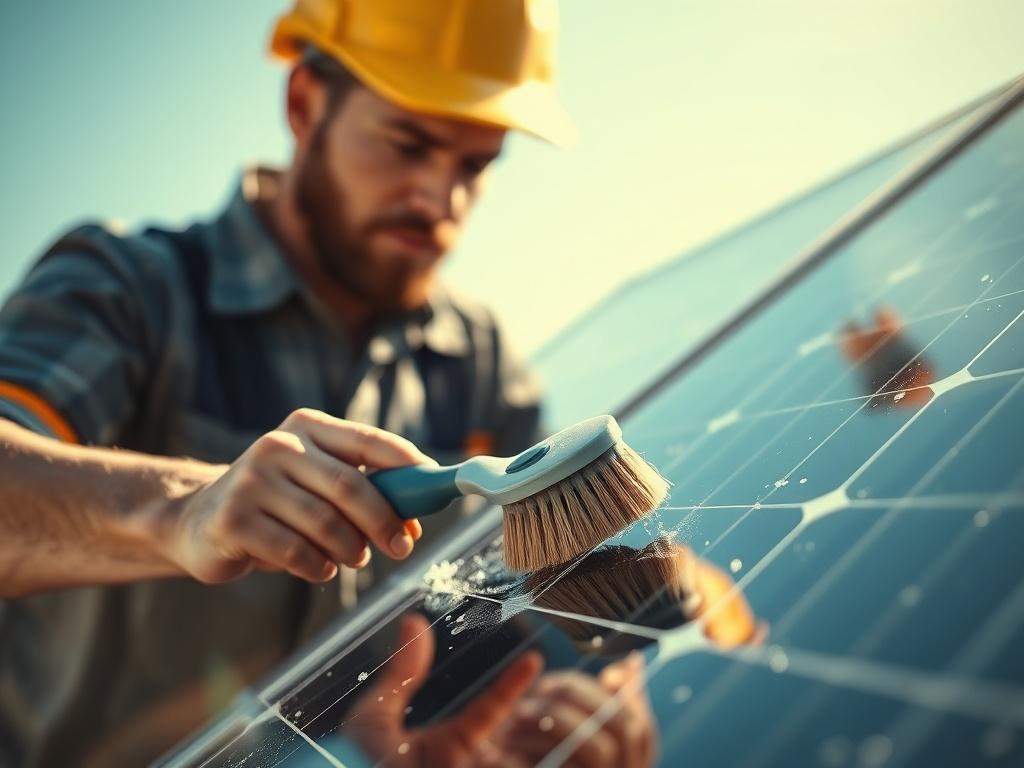 A close-up shot of a technician cleaning a solar panel with a soft brush and water. The image should capture the technician's focused expression and attention to detail, with sparkling clean solar panels in the foreground. The background should showcase a bright sunny day, highlighting the outdoor cleaning environment.