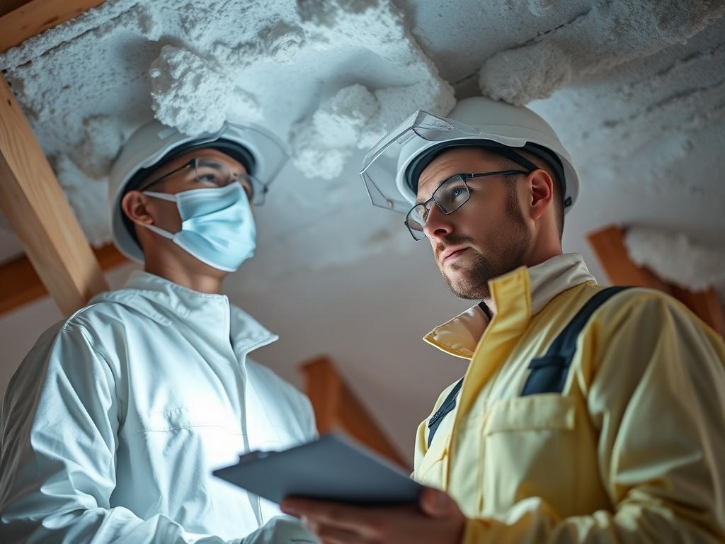A technician in protective gear, inspecting spray foam in a