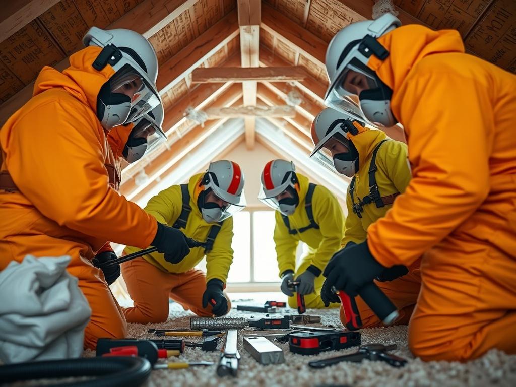 A high-resolution image depicting a team of professionals in protective gear working together to remove spray foam insulation from a loft. The scene captures teamwork and efficiency, with tools and equipment arranged neatly around them. The background features a well-lit loft space, emphasizing the clean and organized approach of the team. The image should highlight the professionalism and expertise of Foam Busters Ltd.