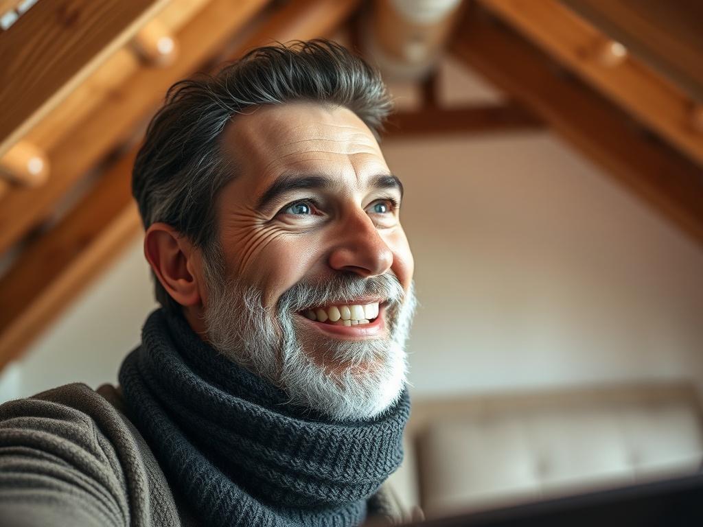 A close-up shot of a satisfied homeowner observing the completed spray foam removal in their loft. The expression on their face reflects happiness and relief, while the background shows a clean, foam-free space. The image should capture the essence of satisfaction and trust in Foam Busters Ltd. The setting should emphasize the successful outcome of the service.