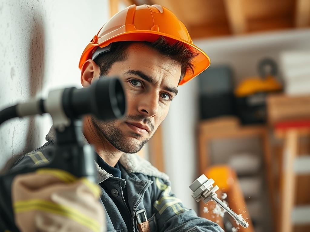 A close-up shot of a technician carefully removing spray foam insulation from a wall. The scene is well-lit, showcasing the technician's focused expression and the foam being extracted. The background is a clean and organized workspace, emphasizing professionalism.