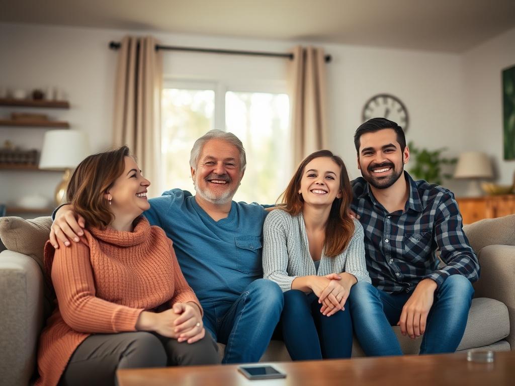 A happy family enjoying their home after a successful spray foam removal project. The family is smiling and relaxed in their living room, showcasing a transformed space that looks clean and inviting.