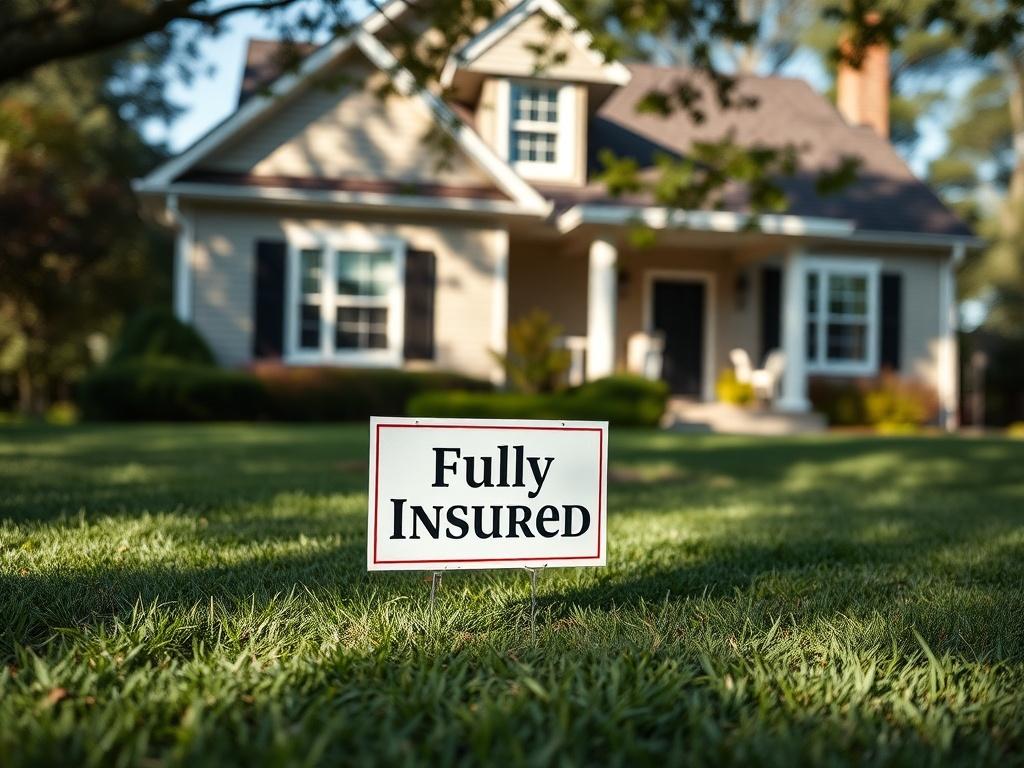 A serene image of a home with a 'Fully Insured' sign placed prominently in the yard. The house is well-maintained, and the surroundings are lush and inviting, conveying a sense of safety and security for potential clients.