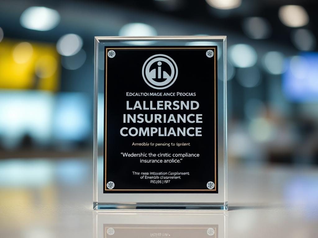 A close-up shot of an award plaque that signifies leadership in insurance compliance, placed on a polished surface. The background is blurred to keep the focus on the award, with accents of the primary color rgb(2, 86, 197) subtly incorporated.