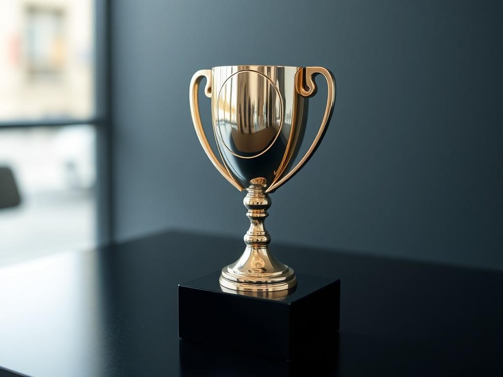 A close-up shot of a shiny award trophy symbolizing excellence in customer satisfaction, placed on a sleek black surface. The background is softly blurred to highlight the trophy's details, and the primary color rgb(2, 86, 197) subtly accents the setting.