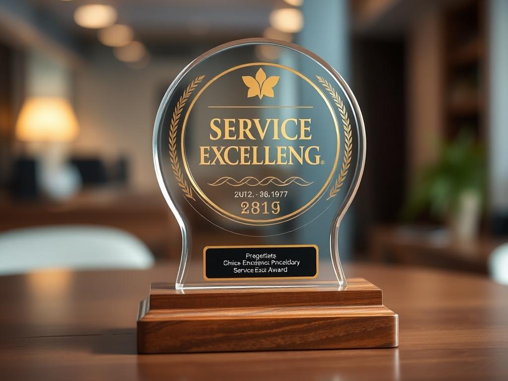 A close-up shot of a prestigious service excellence award, elegantly displayed on a wooden base. The background features a soft-focus environment that enhances the award's shine, with hints of the primary color rgb(2, 86, 197) creating a professional atmosphere.