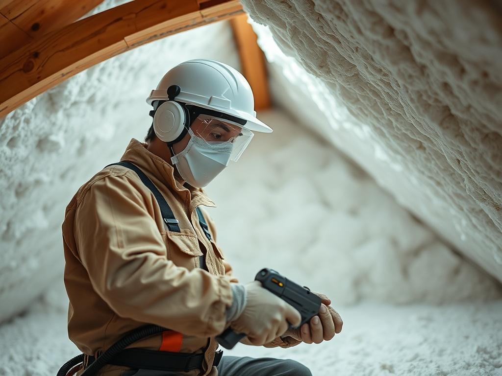 A close-up shot of a professional technician safely removing spray foam insulation from a loft. The technician is wearing protective gear and using specialized tools. The background shows a well-lit loft space with clear signs of insulation being removed. The image has a hyper-realistic style, shot with a 45mm f/1.2 lens, focusing on the action of the removal process.