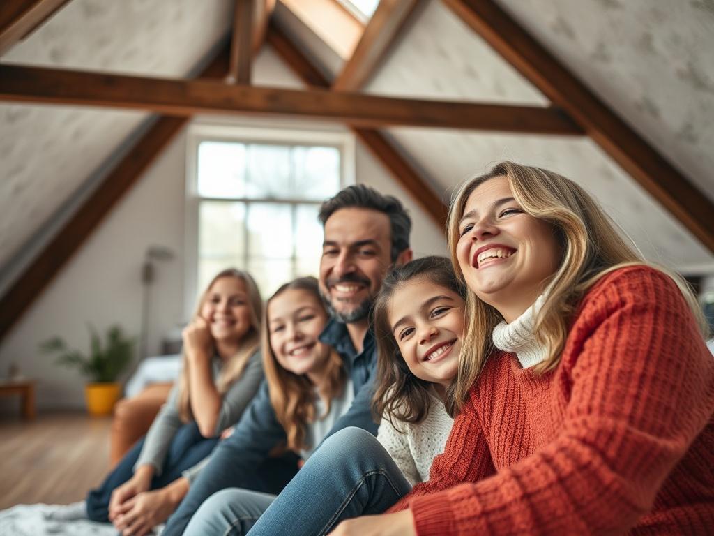A happy family enjoying their loft space after spray foam removal, showcasing the clean and safe environment. The image should capture warmth and satisfaction, with a focus on the family's smiles and the transformed loft.