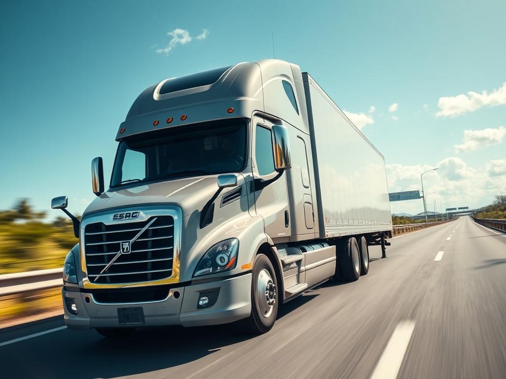 A close up shot of a modern semi truck driving