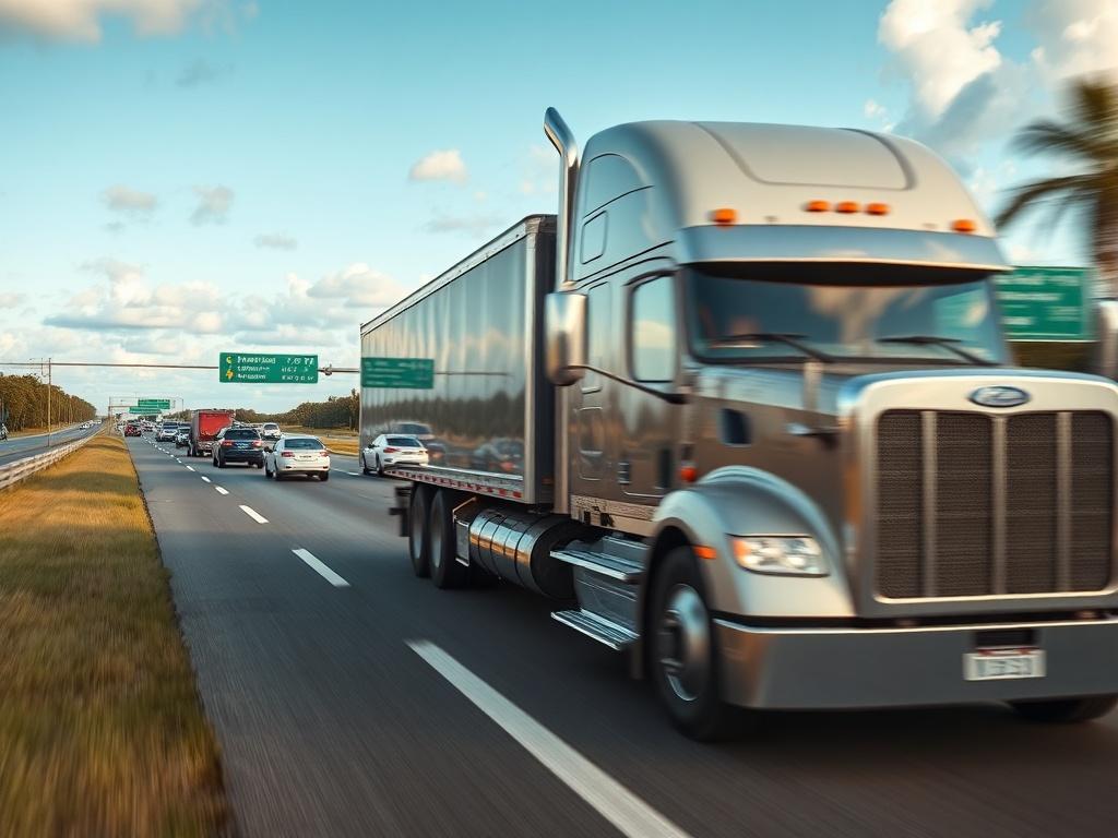 A close up shot of a semi truck in motion