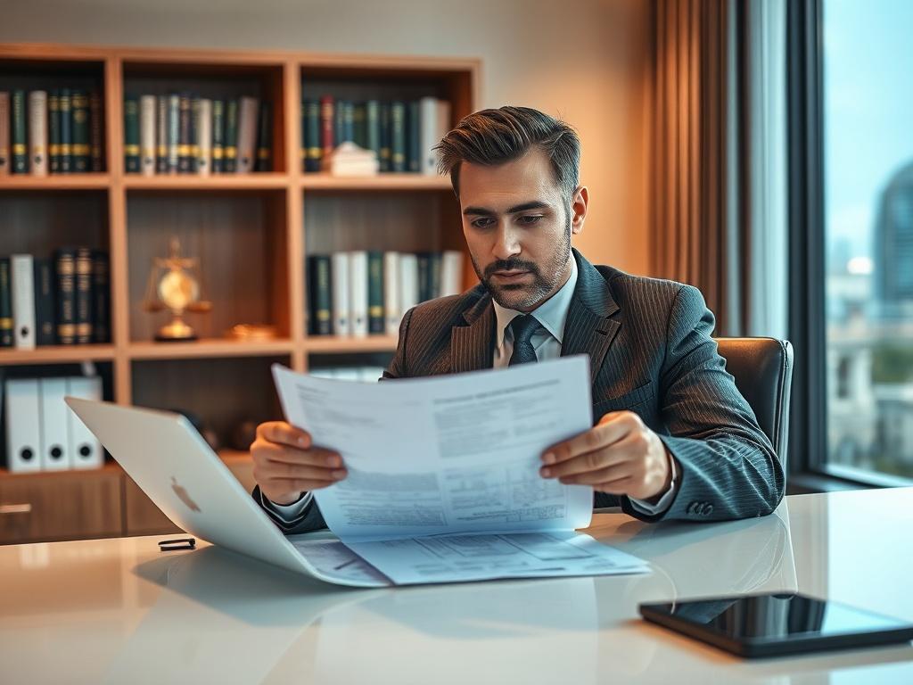 Generate a realistic high-resolution image that encapsulates the essence of a blog titled "Il contratto di cessione o licenza di brevetto: guida completa alla protezione e alla condivisione dell’Innovazione". The composition should focus on a single subject: a professional individual, preferably a confident lawyer or consultant, seated at a sleek, modern desk, reviewing a patent document. The individual should be dressed in business attire, with an expression of concentration and determination. 

The backgr