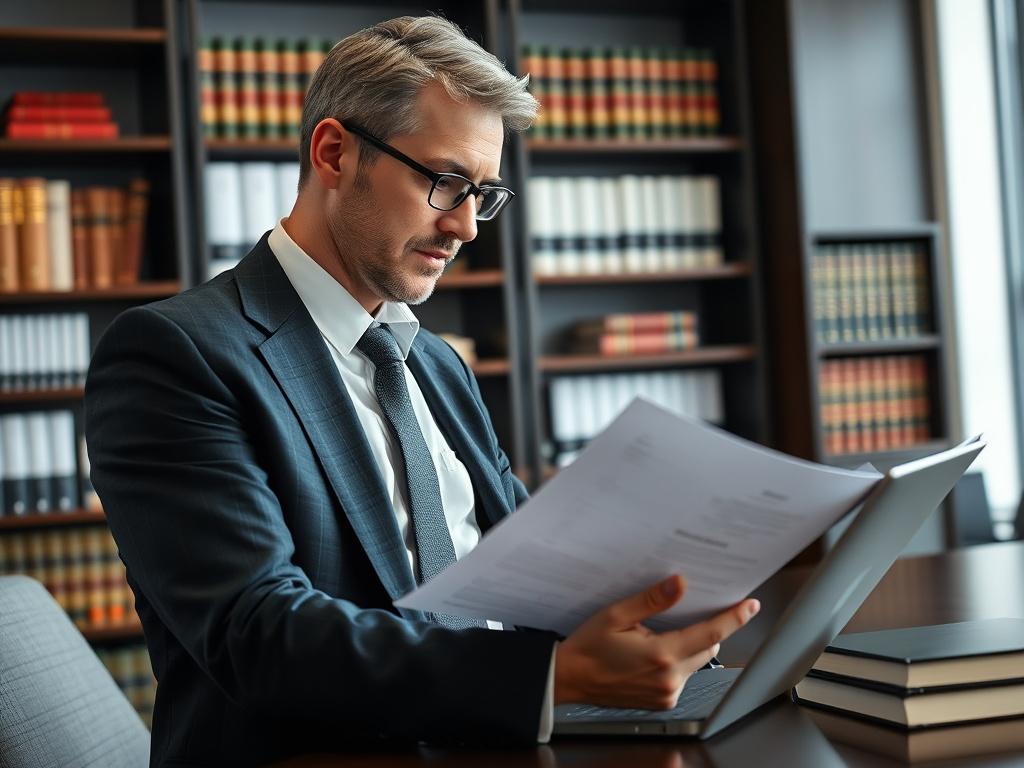 A realistic close up shot of a focused lawyer in