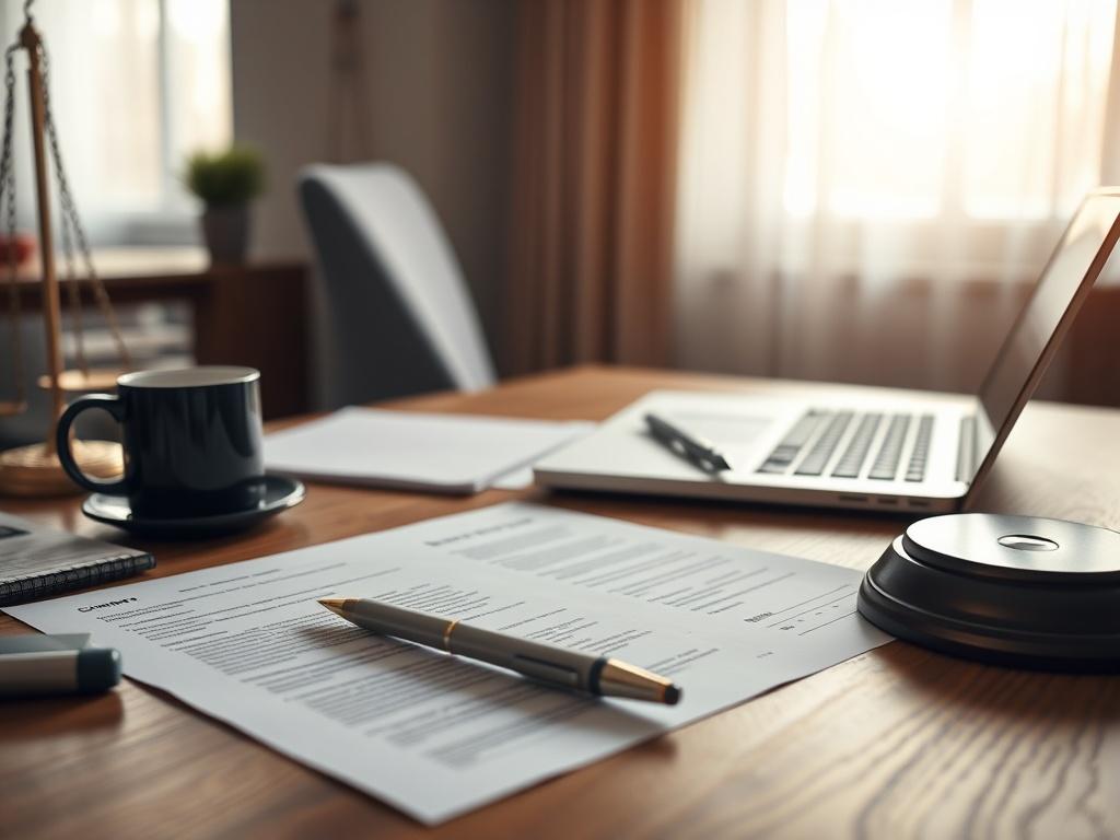 A realistic high-resolution photo of a lawyer's desk with documents and a laptop open, symbolizing the preparation of funding applications for startups. The desk is organized with a notepad, a pen, and a coffee cup. The background features soft natural light coming through a window, creating a professional and inviting atmosphere.