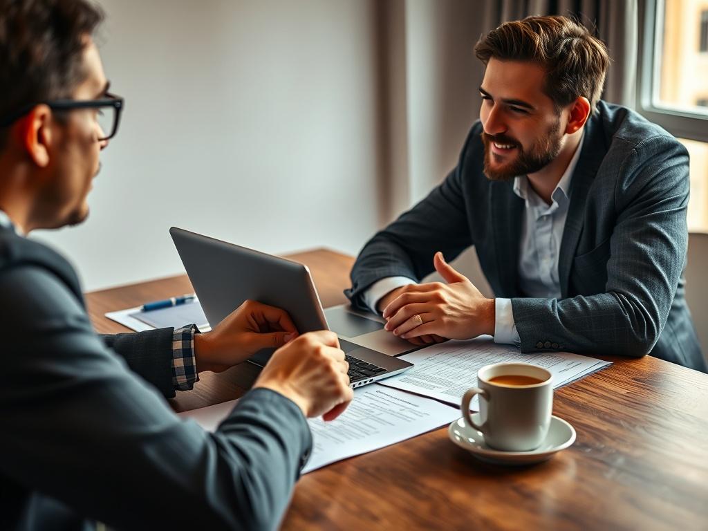 A close-up of a lawyer discussing with a startup founder over a laptop, with legal documents and a coffee cup on the table. The atmosphere is collaborative, with a sense of focus on the discussion, and the colors are warm and inviting, reflecting a productive meeting space.