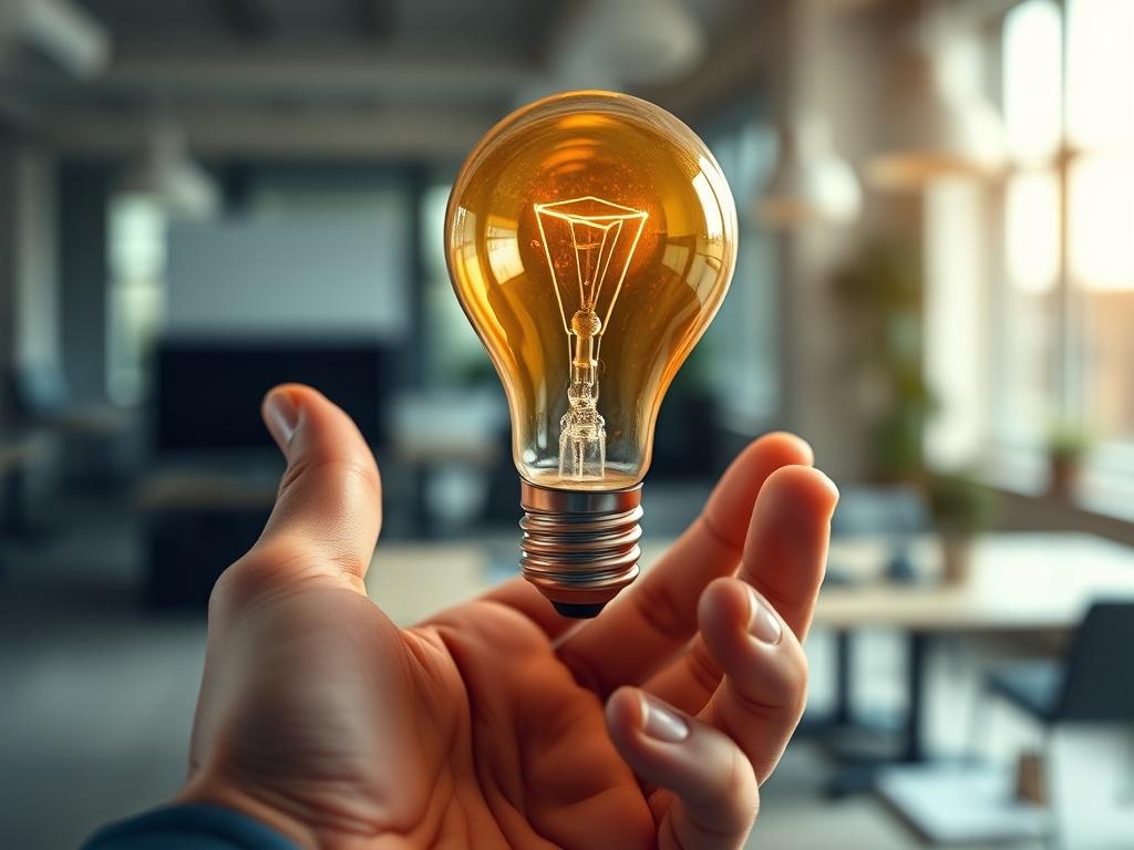 A close-up shot of a person holding a light bulb in their hand, symbolizing a bright idea, with a blurred background of a modern office setting. The lighting is soft, highlighting the light bulb's glow, and the colors are vibrant, focusing on the yellow of the bulb and the warm tones of the office.