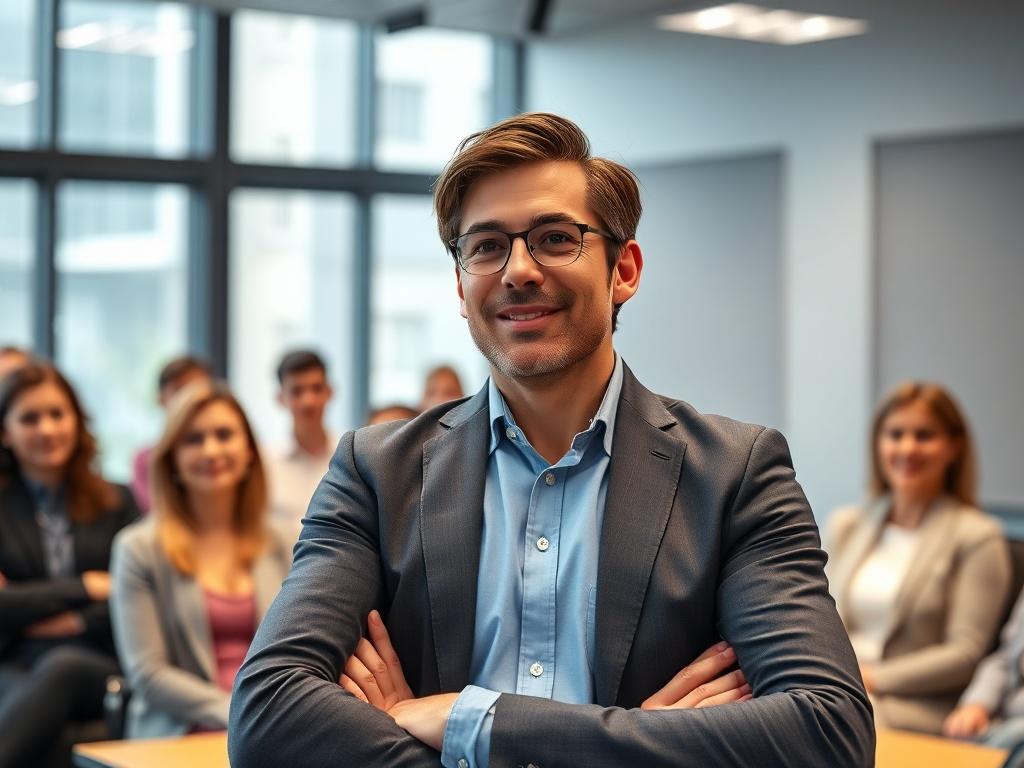 A close-up of a confident entrepreneur standing in front of a group, presenting ideas with enthusiasm. The background shows a modern conference room filled with attentive listeners, capturing the essence of leadership and engagement.