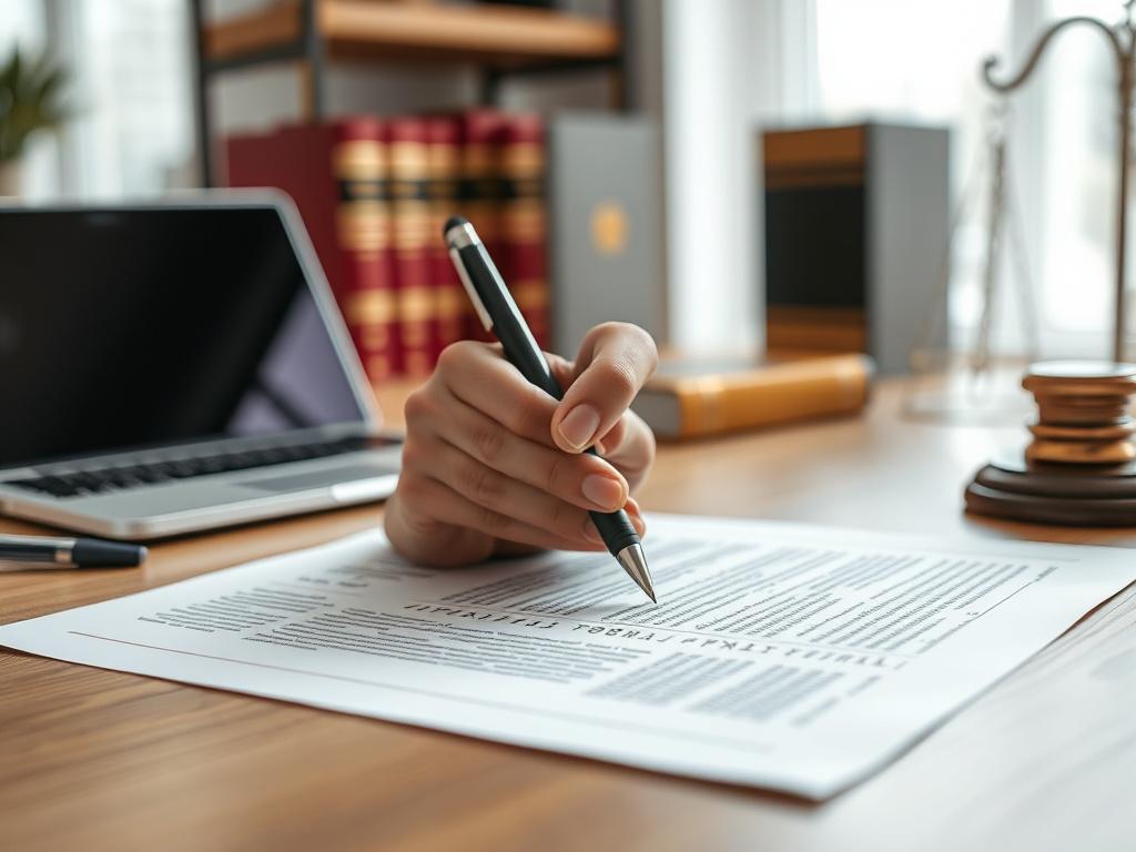 A close-up shot of a legal document being reviewed with a pen in hand, showing a well-organized desk with a laptop and legal books in the background. The setting is bright and professional, emphasizing a sense of trust and clarity in legal matters. The image should have a hyper-realistic quality with focus on the document and pen, using a 45mm f/1.2 lens style.