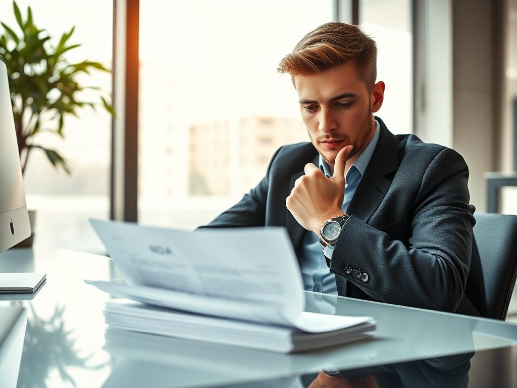 Create a highly detailed and realistic high-resolution photo that captures the essence of the blog titled "Il nemico nascosto delle startup." The image should feature a solitary, thoughtful entrepreneur sitting at a sleek, modern desk in a well-lit office environment. This individual, a young professional dressed in smart casual attire, should appear contemplative, with a furrowed brow, as they examine a stack of documents. 

In the foreground, focus on the entrepreneur holding a pen in one hand, with the o