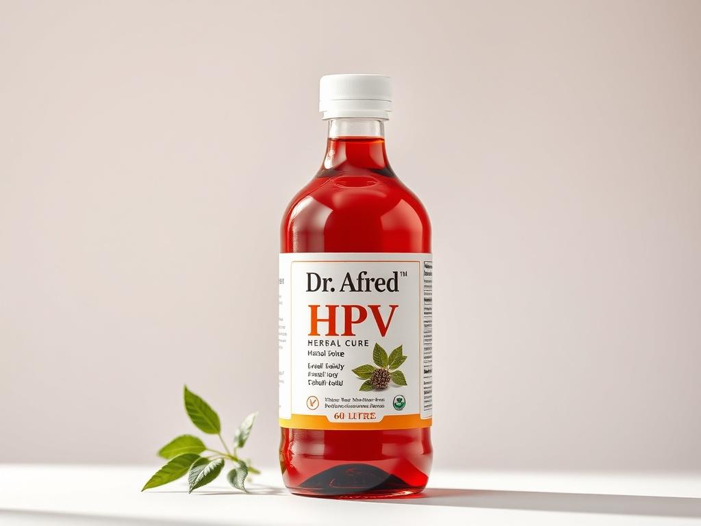 A 60clitre bottle of Dr Afred HPV herbal cure, prominently displayed on a simple, clean background. The bottle features an elegant design with a natural herbal motif, showcasing its holistic essence. The focus is on the bottle, capturing the texture of the label and the liquid inside, emphasizing its herbal and natural qualities. The lighting is soft yet bright, creating an inviting and trustworthy appearance.